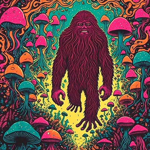 Prompt: <mymodel>Bigfoot, Sasquatch, cryptid, with mushrooms, psychedelic poster art style, vibrant colors, swirling patterns, surreal atmosphere, high quality, detailed fur, intense gaze, forest setting, mythical creature, large scale, professional, atmospheric lighting