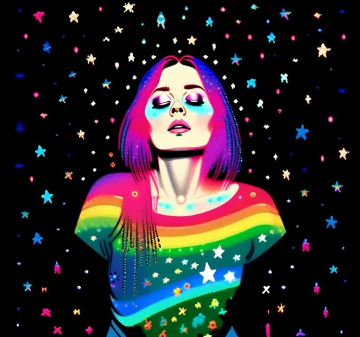 Prompt: a photograph (black and white or halftone) of a woman with multimedia colorful galaxies and stars in her wide eyes who is vomiting pure rainbows and stardust sparkles. She wretches as a beautiful spectrum of colorful light and sparklies made of paint, enamel, glitter, foils, pearl dust, rhinestones, metal, beads, marker, etc spills from her open mouth with force lighting up the room<mymodel>