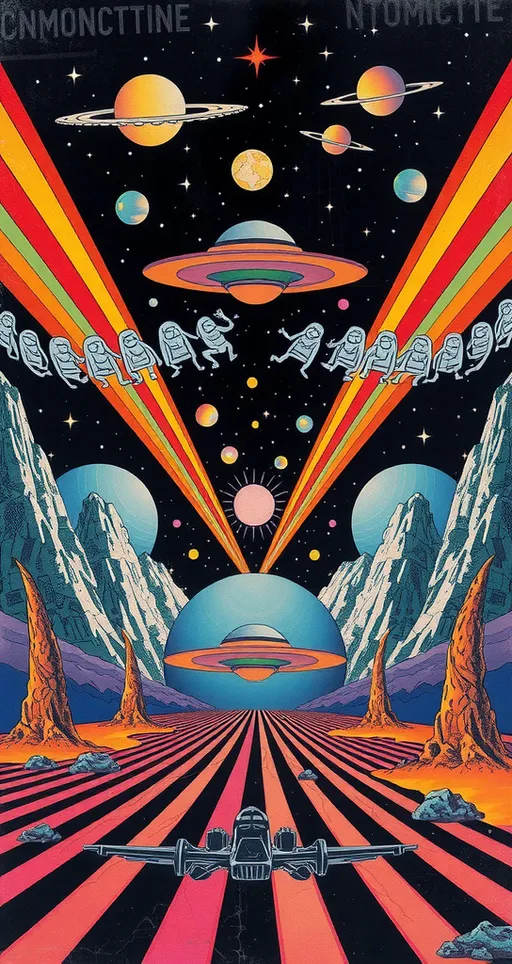 Prompt: <mymodel> Vintage 70s psychedelic surreal sci-fi Collage, analog, cut & paste, outer space, rainbows, spectrum, optical illusions/trippy patterns, surreal alien landscapes, UFOs, « little green men », psilocybin mushrooms, geometric shapes , planets, orbs, black night sky with stars, in the center