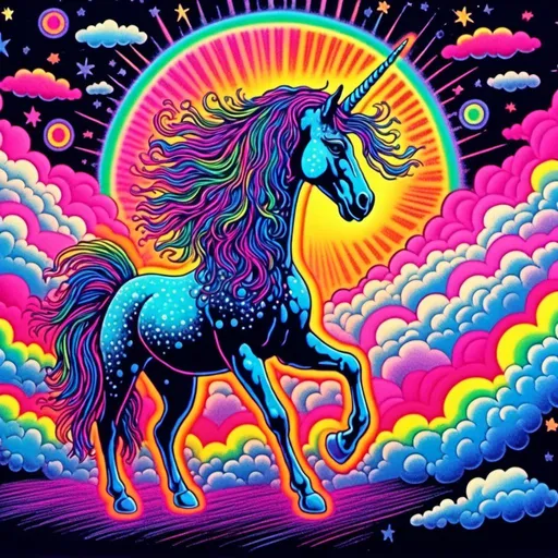 Prompt: <mymodel>Vintage 70s black light poster art illustration of a sparkly unicorn, fluffy white clouds with rainbows, psychedelic colors, retro art style, vibrant neon tones, glowing black light effect, detailed mane and tail, dreamy atmosphere, high quality, retro, psychedelic, vibrant colors, detailed illustration, soft pastel tones, glowing neon, vintage design, fantasy art