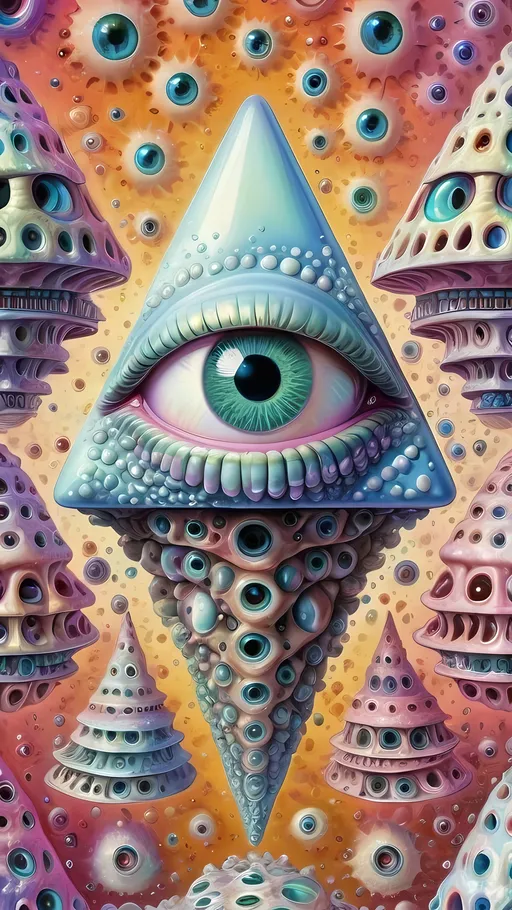 Prompt: an extremely hyper realistic ultra super textural weird trippy surreal psychedelic entity, gyroid structures, Pascal's Triangle, white, translucent, clear, bright bright pastel colors, oil slick rainbow sheen effect, lots and lots of light, lots of crazy colorful compound psychedelic human eyes, rows of human teeth, fungus, atoms, diatoms, gyroid structures, Pascal's Triangle