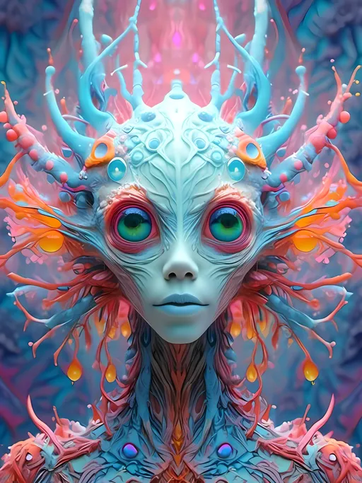 Prompt: <mymodel> an extremely hyper realistic super textural psychedelic entity/creature, trippy, weird, surreal, fractals, multidimensional geometric shapes, eyes, human teeth, lots of light, bright pastel colors, luminous, glowing, extremely textural, white, translucent, , silver, pastel rainbow oil slick sheen effect, moth antennae, melty drippy, extreme organic and metallic textures