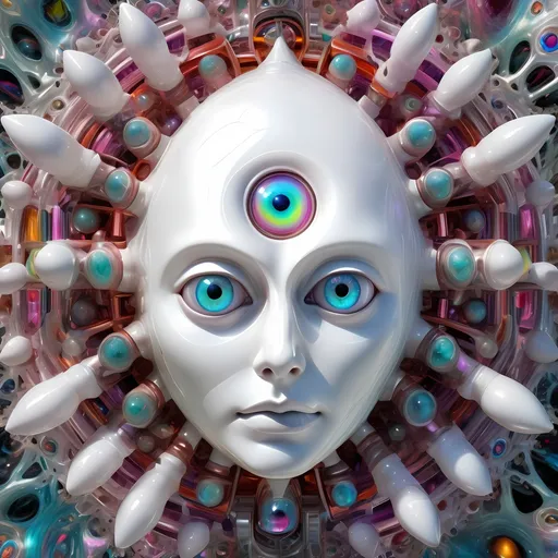 Prompt: a translucent white many sided multidimensional extra dimensional geometric shape churning through many extra dimensions etherically, covered in eyes, biological and mechanical simultaneously with random pops of brilliant vibid psychedelic color 