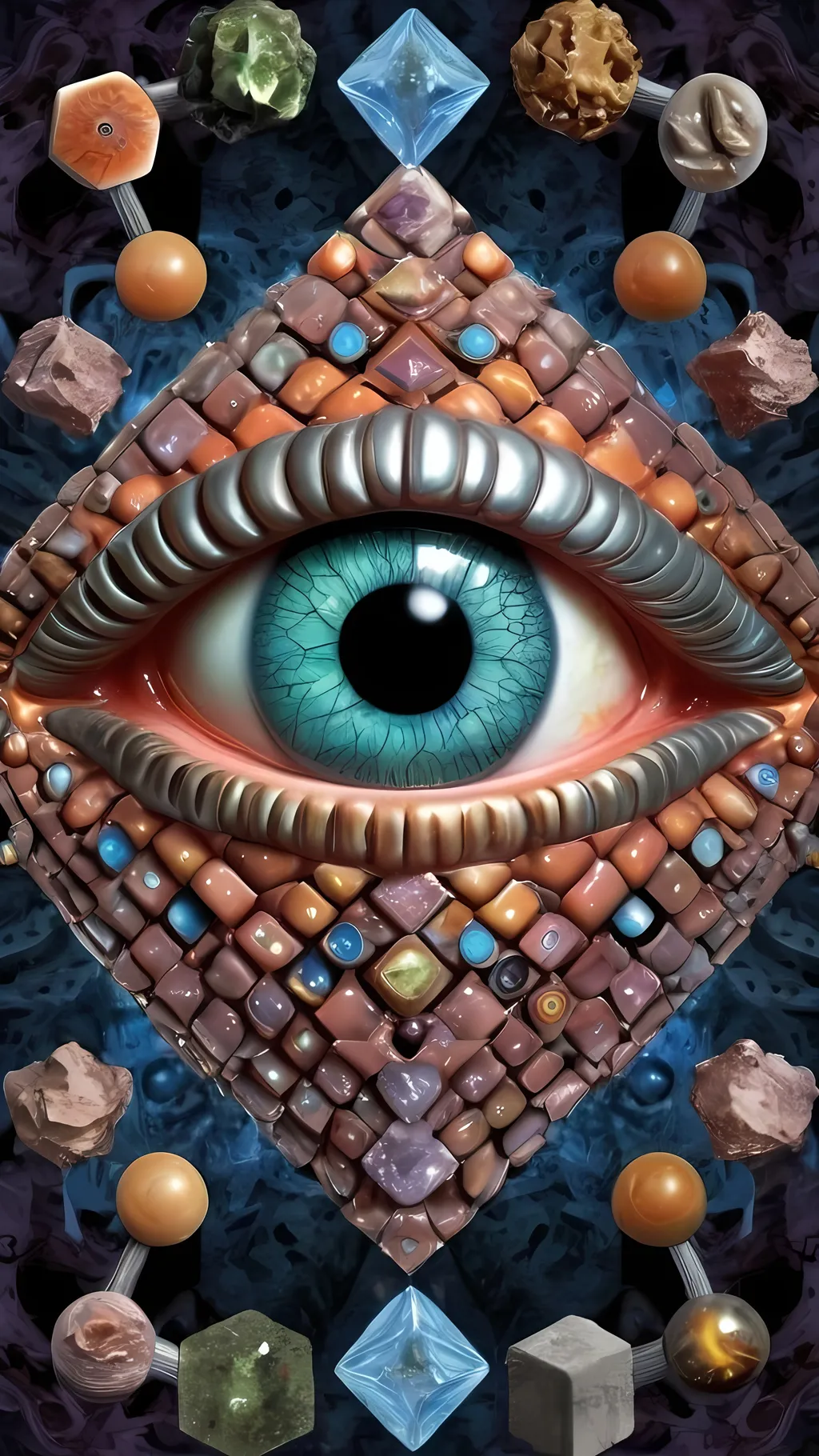 Prompt: Create an extremely hyper-realistic, ultra super textural, weird, trippy, surreal, psychedelic eyes/teeth/mouth pattern/design based on “metatron’s Cube” with lots of human eyes (crazy colorful compound psychedelic), rows of human teeth, human lips, and tongues. 

- **Colors**: determined by the properties and expressions of the elements (& their isotopes), minerals, and metals: Nickel (Ni), Aventurine, Chrysoberyl

**Shapes and forms**
- “Metatron's Cube”
-other shapes determined by the natural properties and expressions of the elements (& their isotopes), minerals, metals, and biological organisms: diatoms, Nickel (Ni), Aventurine, Chrysoberyl


- **Textures**: Derived from any/all elements (& their isotopes), minerals, metals, crystals, organic things mentioned in this prompt: “Metatron's Cube” Nickel (Ni), Aventurine, Chrysoberyl

**Composition and Layout**:
- a pattern/design based on the “Metatron's Cube”

**Lighting**lots and lots of bright shining reflective light
- Trichroism


**Detail and Atmosphere**:
- Extreme hyperrealistic sharp high detail high definition organic and mineral textures
- Psychedelic, weird, odd, surreal atmosphere
- Frozen in time

**Additional Elements**:
- extra rows of teeth, lips, many eyes, diatoms, “Metatron's Cube” , Aventurescence, Chatoyancy
