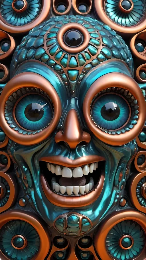 Prompt: An extremely hyperrealistic weird surreal trippy psychedelic abstract Create an abstract copper-based lifeform, infused with lots of crazy multicolored compound psychedelic human eyes, rows and rows of human teeth, lips, and tongues, copper colors, vibrant oranges, teals, blues, metallic sheen, copper patina, oxidation, verdigris, intricate patterns, cubic and orthorhombic crystal structures, conductive, malleable, ductile, surreal, organic shapes, flowing forms, liquid copper, solid copper, corroded textures, tarnished surfaces, electrical conductivity, thermal conductivity, chemical reactivity, environmental interaction, metallic luster, high reflectivity, surrealistic, biomorphic, complex symmetry, iridescent, vibrant hues, reflective surfaces, intricate details, organic textures, psychedelic elements, dynamic, mesmerizing, otherworldly, intricate, detailed, vibrant, surreal, biomorphic, organic, metallic.
 extreme organic and metallic textures
