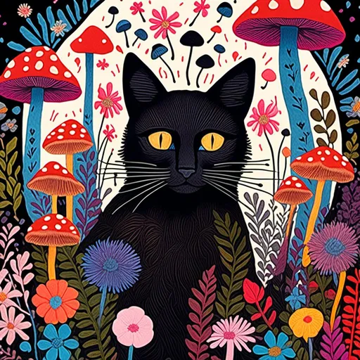 Prompt: <mymodel>Black cat surrounded by mushrooms and flowers, mixed media, detailed fur with intricate patterns, vibrant and surreal, high quality, mixed media, whimsical, vibrant colors, atmospheric lighting, detailed eyes, professional, surreal, detailed mushrooms and flowers, artistic, highres