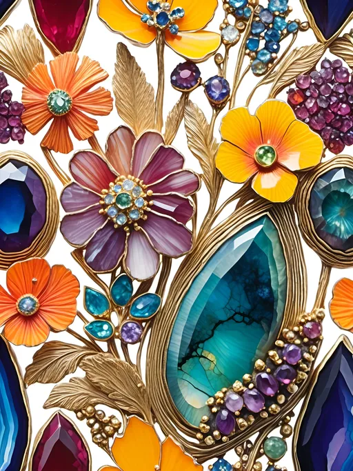 Prompt: <mymodel>Vibrant wildflowers made of inlaid gemstones, high-quality, detailed, surreal, colorful, vibrant, diverse, gemstone material, wildflower shapes, intricate details, professional, surreal lighting