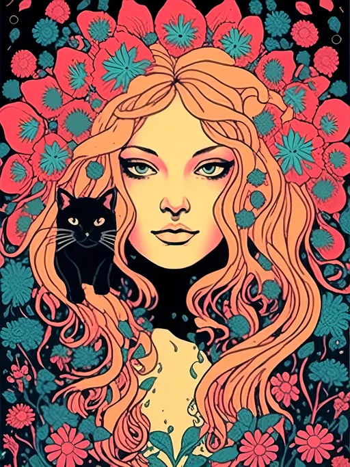 Prompt: <mymodel>Psychedelic poster illustration of a girl with long, curly blond hair, solid black cat, trippy mushrooms, wildflowers, vibrant colors, high-quality, poster art, surreal, detailed hair, psychedelic, detailed cat, colorful, vibrant, surreal, professional lighting