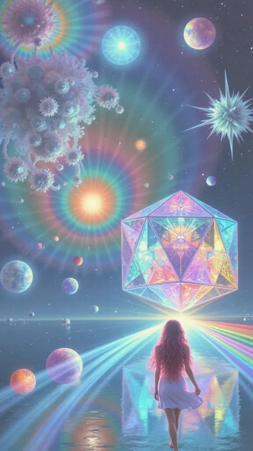 Prompt: A hyperdimensional light-being centered around a radiant rhombic dodecahedron, its crystalline facets alive with refracted rainbow light, floating in an astral void. Each face of the polyhedron channels iridescent filaments into expanding Penrose tilings, recursive golden spirals, and kaleidoscopic fractal rings. The geometry breathes with cosmic intelligence, a divine mechanism of sacred ratios and multidimensional flow. Within and around this structure, a faint feminine echo—slim, long wild pink curls—dissolves into light, barely perceptible, like a myth embedded in sacred code. The being’s presence is more vibration than form, integrated seamlessly into a mesh of rainbow circuits and holographic sacred motifs. Rendered in the surreal, textured style of La Planète Sauvage, with matte cel-shading, inked outlines, and organic dream-logic. The background features floating glyph-machines, metaphysical bioforms, and celestial glyphs orbiting in symbolic silence. Oil-slick iridescence ripples across all surfaces, accentuated with analog film grain. A visionary fusion of sacred geometry and surreal astral symbolism, where humanity exists only as a residual harmonic inside divine architecture.
— style: Cosmic Surrealism + La Planète Sauvage
— sacred geometry: Primary motif
— human reflection: Minimal archetypal trace
— oil-slick iridescence: Active
— analog grain: On
— chaotic surreal forms: Mild background presence