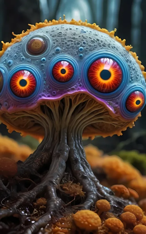 Prompt: Extreme psychedelic hyperrealism- Super high definition ultra textural fungal entity psychedelic hallucination surrealism, psychedelic alien crazy psychedelic slime mold sentient slime mold fungal creature, lots of bizarre psychedelic eyes, looking observing watching,  detailed, highres, intense colors, eerie lighting, bizarre features, unsettling atmosphere, otherworldly, distorted proportions, mind-bending, dreamlike, abstract,, organic textures