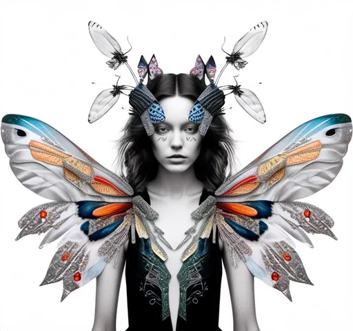 Prompt: a photograph of a woman (color or black and white) with multimedia elements added to create the appearance that she is a beautiful intricate moth, with moth wings and antennae created from paint, paper, photos, glitter, iridescent enamels, nail polish, rhinestones, thread and string, fabric, folded paper etc<mymodel>