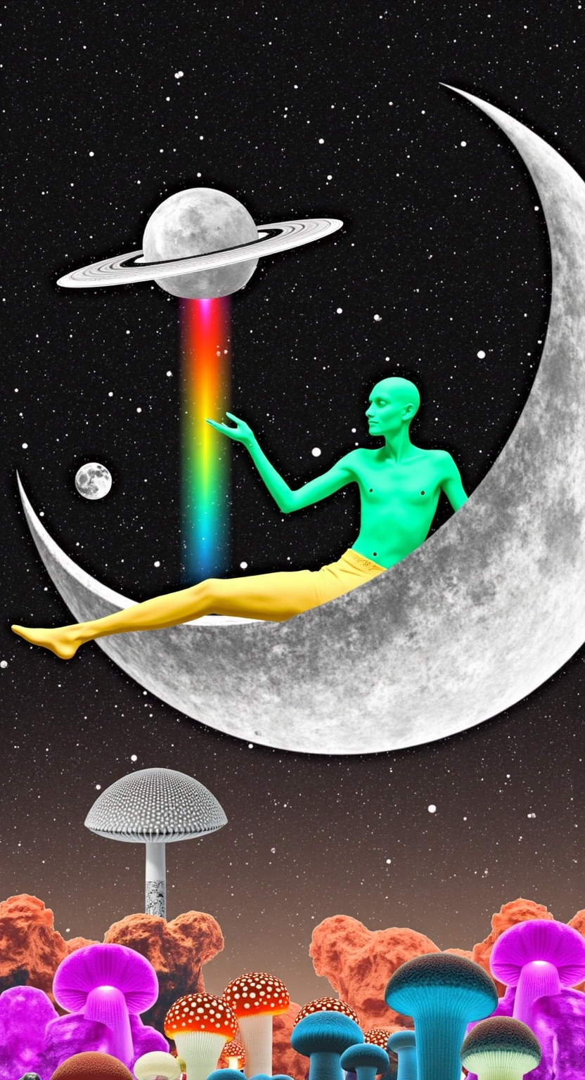 Prompt: **Moonlit Offering - AI Art Prompt**

Create an artwork featuring an alien lounging casually on a crescent moon, its surface dotted with craters. The alien, with an aura of casual friendliness, is offering psychedelic psilocybin mushrooms towards the viewer. A silver holographic ufo hovers nearby, covered in colorful lights and emitting a beam that shines into the mushrooms. It is covered in fine intricate details. Alien glyphs are written into the scene as text 

The alien should embody a blend of charm and mystery, perhaps with green skin, a sleek bald head, and large, expressive eyes. Its attire can be a fusion of avant-garde fashion and cosmic elements, adding an extra layer of intrigue.

The crescent moon serves as a serene and mystical setting, floating amidst a starry night sky. The scene is filled with intricate details, from the texture of the moon's craters to the ethereal glow of the mushrooms.

Incorporate subtle cosmic motifs and psychedelic patterns into the composition, enhancing the dreamlike atmosphere. The artwork should balance hyperrealistic textures with a whimsical, illustrative style, capturing the magic of this lunar encounter. 

Fill the negative space with fine intricate alien and psychedelic details like fractals, melting, not overpowering but subtle