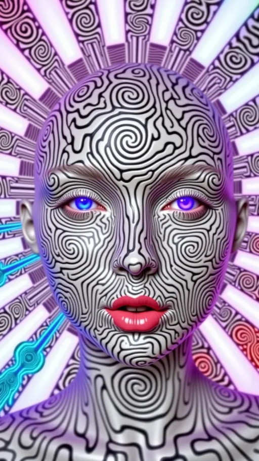 Prompt: Cyberpunk psychedelic goddess with many smiling faces and laughing mouths, her form multiplying into mirrored arms and neon glitch reflections. Sacred geometry glows across her skin like circuit mandalas, hexagons, and holographic spirals, pulsing like neon circuitry. Optical illusion patterns bend around her body in chrome and rainbow light, while holographic glitches and chromatic aberration trail off her edges. Joyful, radiant, and surreal — a many-faced cyberpunk deity of color, geometry, and playful weirdness.