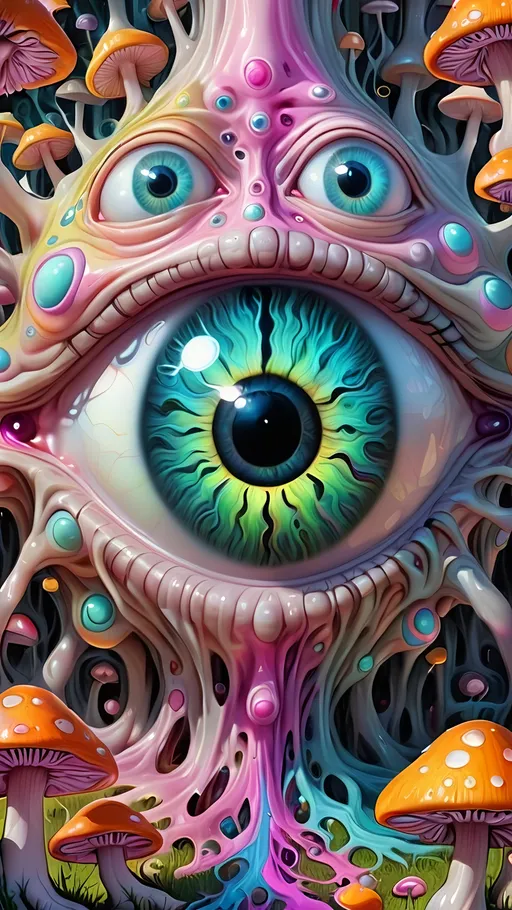 Prompt: Psychedelic, alien psychedelic eyes, weird, surreal, bizarre, ineffable, entity, numinous, lots of crazy weird inhuman psychedelic trippy eyes, melting, trippy, reality breaking down, hallucinations, drippy, dissolutionment, blobs,atoms, electrons, mushrooms, fractals, multidimensional, oozing, hyper cubes, geometry, fractals, third eye, big eyes, small eyes, crazy pupils, pastel colors,psychedelic hyper realism, ultra high resolution, surreal, digital art, intense lighting, bright pastel hues, abstract, confusing, looking at you, ultra detailed textures