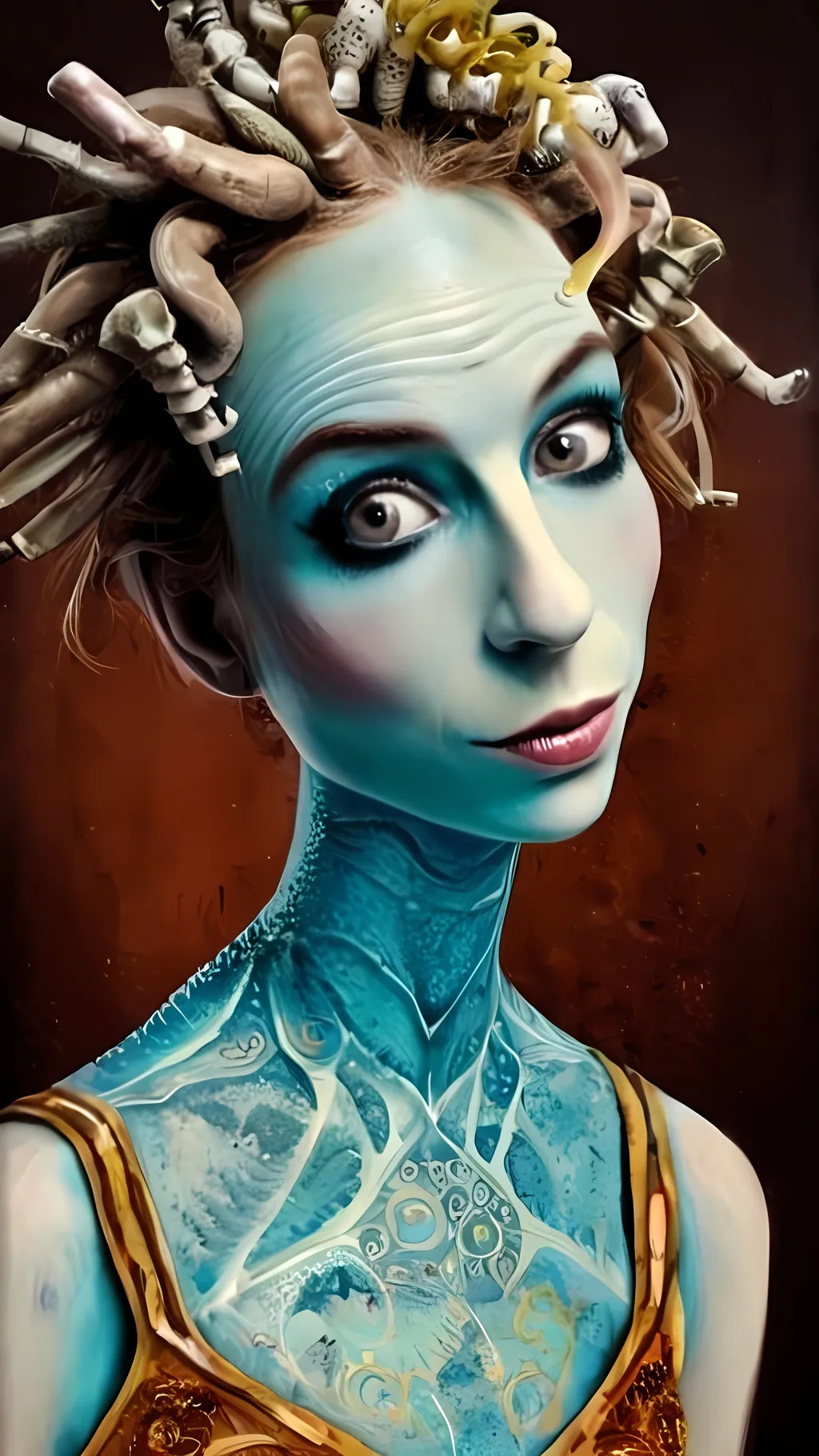 Prompt: Imagine a surreal portrait of yourself as a blue-skinned alien, inspired by the whimsical and grotesque style of Roland Topor. Your alien self has elongated limbs and exaggerated features, with large, expressive eyes that convey a sense of curiosity and mischief. The skin is a rich, cerulean blue with intricate patterns and textures, reminiscent of Topor's detailed line work. The background is a dreamlike landscape, filled with bizarre and otherworldly flora that seem to dance and sway. The overall composition is both unsettling and enchanting, capturing the essence of Topor's fantastical and absurd artistry. Key elements include surrealism, grotesque beauty, intricate patterns, and a whimsical alien world.