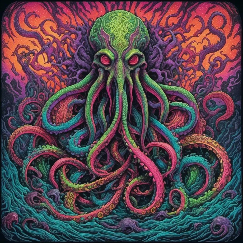 Prompt: <mymodel> A psychedelic tribal primal style Cthulhu, effigy, eldritch, lovecraftian, elder god, tentacles, cthulhu ftaghn, nonEuclidean geometries, rhlyeh, miskatonic