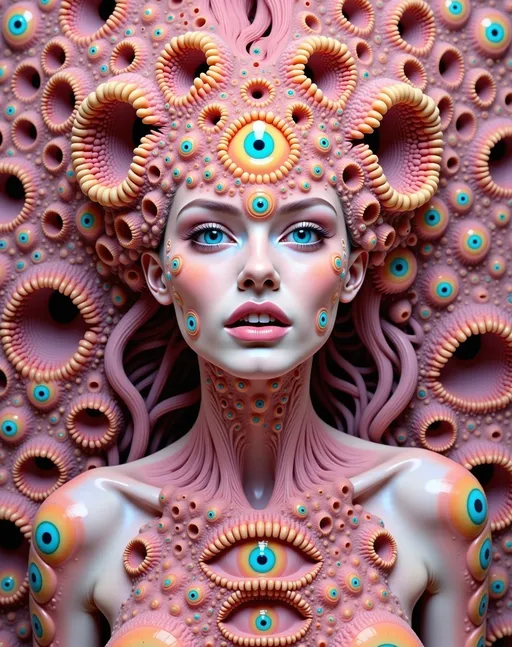 Prompt: Create a captivating and surreal portrait of a caucasian slim woman with long wild pink very curly hair and blue eyes, adorned with slime molds at various stages of reproduction, magnified to reveal their intricate beauty. The scene is a vibrant collage of pastel pinks, oranges, and aquamarine blues, reminiscent of a retro psychedelic aesthetic. Her hair is interwoven with tendrils of slime molds, which cascade down like living vines, their textures and forms seamlessly blending into the organic tapestry of her surroundings.

The woman's skin is delicately adorned with clusters of slime molds, their translucent structures creating a mesmerizing pattern across her face and arms. Her striking blue eyes gaze out from beneath a veil of bioluminescent slime molds, casting a soft glow that enhances the dreamy atmosphere. The style is inspired by the works of Ernst Haeckel and the psychedelic art movement, with a focus on hyper-realistic detailing that captures the delicate textures and organic forms of the slime molds. The medium appears to be digital illustration, with a high level of detail that brings the surreal forms to life.

The mood is ethereal and otherworldly, inviting viewers to explore the hidden beauty of these often-overlooked organisms. The lighting is soft and diffuse, casting gentle highlights and shadows that enhance the organic forms and create a sense of depth. The outlines are fluid and organic, blending seamlessly into the background, creating a harmonious and immersive scene.