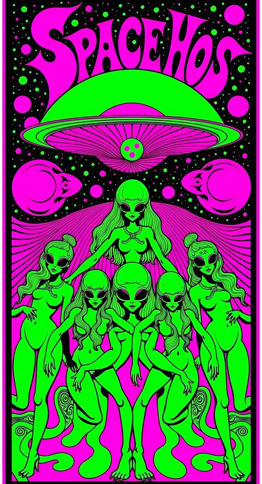 Prompt: **Space Hos - AI Art Prompt**

Create an artwork featuring the phrase "Space Hos" in a bold, sassy, girly futuristic tech font. The scene is populated by multiple striking green-skinned alien females, each exuding attitude and confidence. They are dressed in avant-garde high fashion with a futuristic edge, showcasing an array of intricate accessories that highlight their alien allure.

Each alien boasts a slightly conical-shaped bald head and large, almond-shaped black eyes, adding to their enigmatic charm. They pose with sass and poise, making a statement in the cosmic landscape.

Incorporate a vibrant UFO in the background, teeming with colorful lights that illuminate the scene. The setting is a bustling outer space landscape, complete with an alien planet, swirling asteroids, and cosmic phenomena. Alien glyphs are seamlessly integrated into the design, adding a mysterious layer.

The entire composition is busy and detailed, with every inch filled with tiny elements that captivate the viewer's attention. From the smallest star to the grandest asteroid, the scene is a masterpiece of cosmic chaos and extraterrestrial elegance.