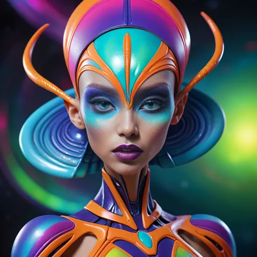 Prompt: <mymodel>High-quality 3D rendering of an extraterrestrial female, vibrant and colorful makeup, futuristic alien high fashion, ads-automotive style, alien goddess, detailed skin texture, otherworldly beauty, vibrant colors, cosmic makeup, holographic clothing, sleek design, professional lighting, sci-fi, highres, ultra-detailed, futuristic, vibrant tones, cosmic lighting