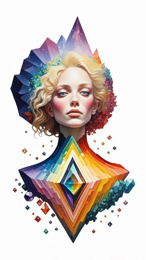Prompt: <mymodel>Blonde woman with long curly hair, giant gem set eyes, psychedelic hallucination, rainbow fractals, geometry, inlaid precious gemstones, crystals, high quality, surreal, gemstone mosaic, detailed hair, vibrant colors, hallucinatory atmosphere, mesmerizing, otherworldly, natural lighting