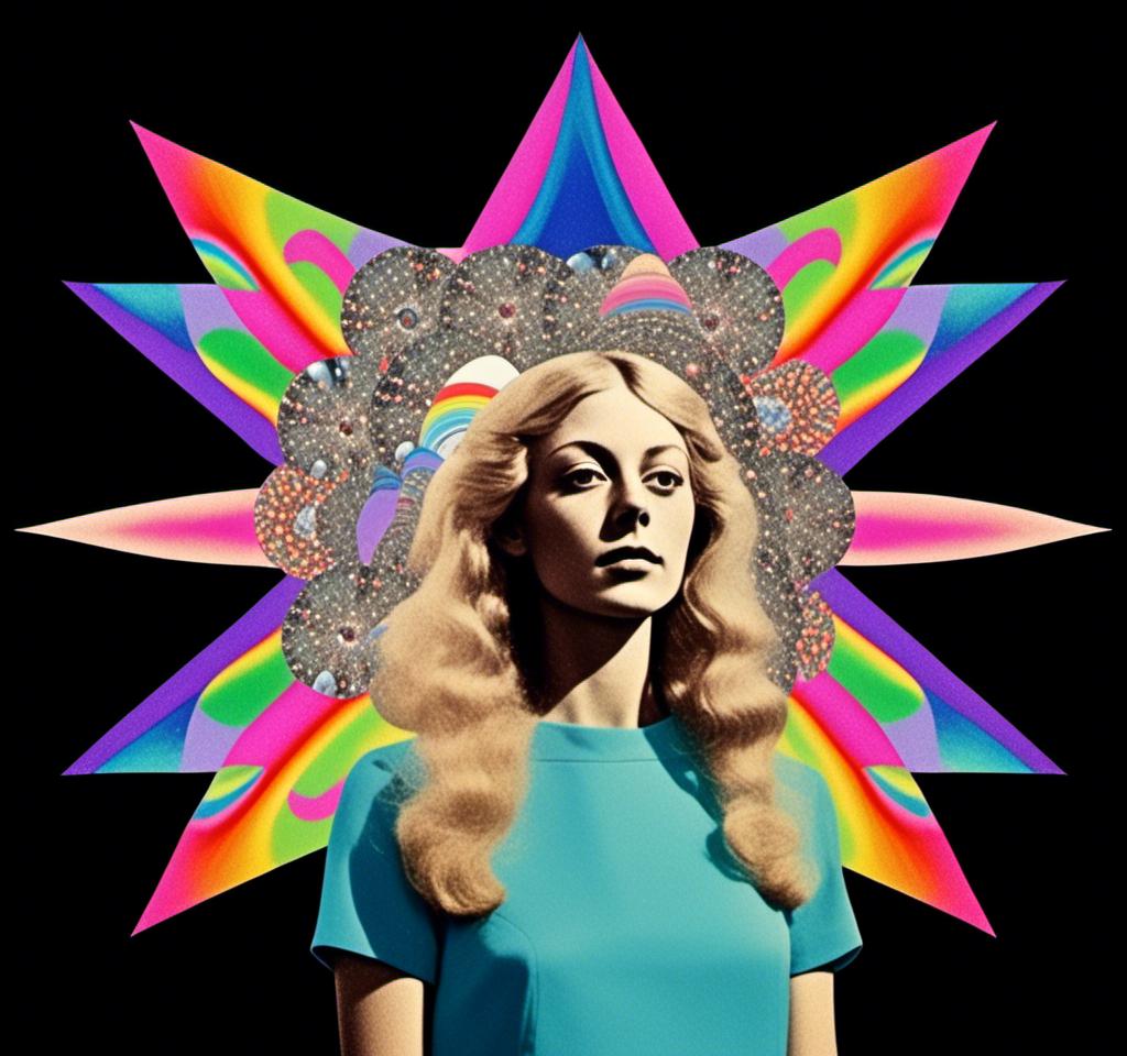 Prompt: A psychedelic collage featuring a photograph of a woman with blond curly long hair. The photo is cut and spliced with other photos and drawings of aliens, UFOs, rainbow spectrums are erupting from places, planets, stars, landscapes, and sparkles set amidst optical illusions of all kinds in geometric shapes giving an otherworldly surreal bizarre ufo alien effect to this psychedelic collage <mymodel>