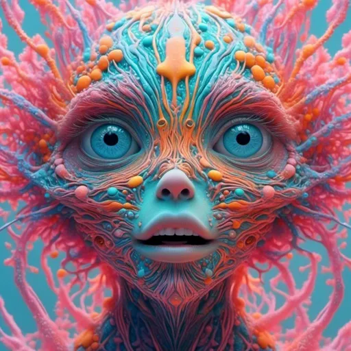 Prompt: <mymodel>an extremely hyper realistic super textural psychedelic entity/creature, trippy, weird, surreal, fractals, multidimensional geometric shapes, eyes, human teeth, lots of light, bright pastel colors, luminous, glowing, extremely textural