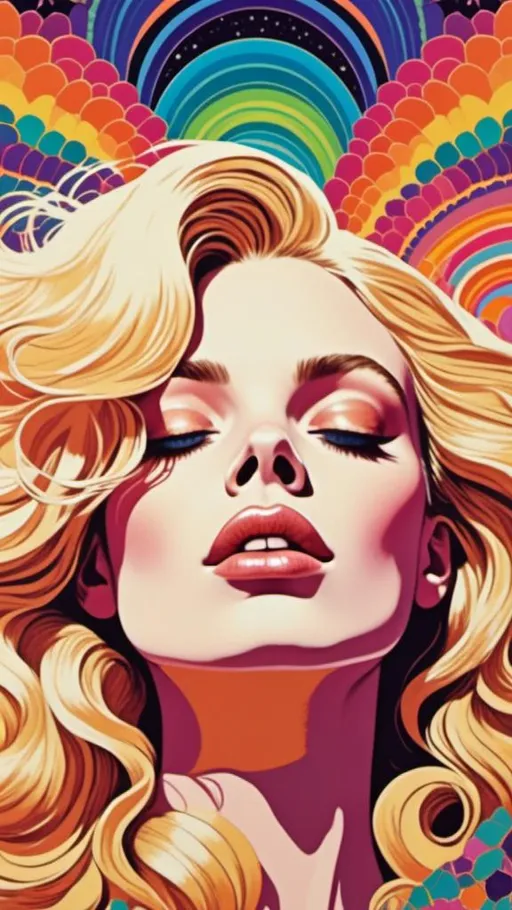 Prompt: <mymodel> psychedelic poster art illustration fashion, woman with long blond curly hair, vibrant colors, detailed psychedelic patterns, high quality, poster art style, bright and vibrant tones, curly hair with intricate details, retro fashion, surreal atmosphere