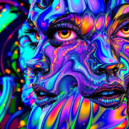 Prompt: A hyper-stylized female face tessellated through recursive logic, unfolded across a non-Euclidean manifold. Her features form spatial paradoxes—eyes as limit cycles orbiting strange attractors, lips drawn along geodesics in negative curvature, cheekbones rippling through warped Hilbert folds. The face is embedded in a dual-phase lattice: the Fractal Memory Field and the Chromaflux Constraint Net. Harsh rainbow lighting fractures across every contour, with harsh sparkles diffracting through dimensional folds. Tiling patterns and tessellations propagate along curved hypersurfaces—nested Penrose tiles, hyperbolic grids, and aperiodic spirals—woven into a Klein-braid of iridescent syntax. Color does not blend but diffracts—looping through auroral filaments and spectral braid-knots across the fractal mesh. Each recursion modulates both form and chroma-phase: a toroidal veil folding into Möbius arcs, recursive torques embedding glyphs into self-referencing hyperspace. Her expression flickers—a symbolic attractor encoded on a Riemann-folded visage. Maximalist, ultra-bright, recursively warped, spatially non-orientable—a consciousness sculpted in chaotic feedback, suspended in chromatic topology.”