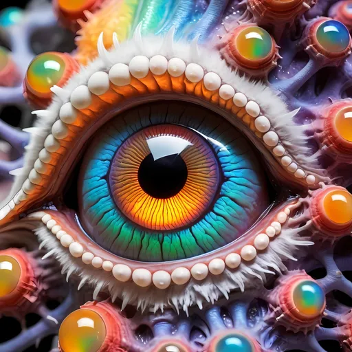 Prompt: Extremely hyperrealistic, ultra hypertextural psychedelic weird surreal hallucination entity creature, geometric interdimensional tesseract, translucent white, bright pastel colors, swirling rainbow oil slick sheen effect, lots of light,  fungus, mushroom, lots of trippy crazy psychedelic human eyes, human teeth, brains, skin, metal, silver, chrome, leather, feathers, scales, fur,  Chromatophore, pigment cell, melanophore, iridophore, leucophore, xanthophore, erythrophore, cyanophore, pigment granules, melanin, carotenoids, pteridines, guanine crystals, reflective platelets, dermal chromatophore unit, pigment dispersion, pigment aggregation, color change, adaptive coloration, cryptic coloration, aposematic coloration, structural coloration, biochromes, photophores, neuromuscular control, hormonal control, neural activation, physiological color change, morphological color change, chromatophore expansion, chromatophore contraction, cellular signaling, light reflection, light absorption, light scattering, iridescence, bioluminescence, pigment synthesis, pigment degradation, chromatophore patterning, environmental adaptation, camouflage, signaling, communication, behavioral adaptation., extreme organic textures, metallic textures