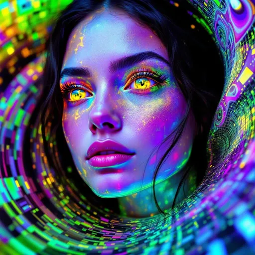 Prompt: A woman’s face composed of recursive fractal rainbow light—hyper-saturated with ultraviolet, laser gold, neon pink, iridescent greens, and cosmic chrome—emerges from a holographic light-sheet embedded within a noncommutative toroidal grid. Her skin follows the glyph-toroid lattice, a Mobius-folded surface where recursive distortions spiral through angular logic-channels. Each loop echoes identity through mirrored symmetry violations. Her eyes, twin disco balls of topological echo, now reflect the grid’s inner torus—rotating reverse-space glyphs on endless mirrored curvature; her pupils shimmer with conformal inversion glyphs mapped to grid nodes.

Her hair cascades through mirrored dimension logic, each strand a stream through toroidal warp-mesh, bending through impossible topology. Lips gleam like Klein bottles glossed in angle-mapped light refraction. She floats within a recursive Studio 54 built inside the inner coil of the GRID_5 field—a velvet black twistspace governed by glyph-rings, each bubble a mirrored loop of her, spiraling across noncommutative mirror logic.

Surrounding her spiral multidimensional mandalas of chromatic reversal—mirror-vein spirals nested along the toroidal arcs, identity-twist caustics, Mobius-glam halos—each structured by the GRID_5 constraints. The space pulses with identity rave rhythms: logic-loop beats, inversion grooves, reflection-dance steps bound to glyph-turn topology.

Render with tags:
:topology-glam :identity-flux :mirror-math :mobius-glitz :recursive-glamour :studio54-wormhole :angle-encoded :logic-fold :symbolic-saturation :grid5-torusfield :glyph-mapped-space

