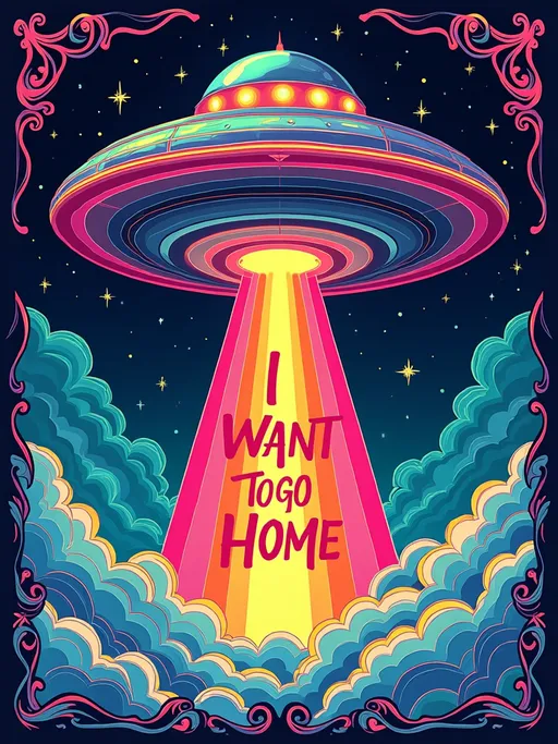 Prompt: Design a pop art nouveau illustration featuring a large UFO in a Lisa Frank-inspired 80s glam style beaming down the text phrase I WANT TO GO HOME - The UFO should be depicted using a palette of SILVER, hot pink, light bright orange, cyan blue, neon green, and purple. It should have vibrant lights and emit clouds of gravitational waves that distort the air around it. These waves should creatively form an art nouveau border, characterized by flowing, organic lines and intricate details.

The UFO should hover with a distinct, sharp ray of multicolored light emitted from its bottom, as if to beam something up. This beam should shimmer with the specified color palette, adding a dynamic and captivating visual element.

Incorporate bold, organic black outlines typical of art nouveau illustrations to define shapes and add emphasis. Use black accents strategically to enhance depth and detail, while maintaining the vibrancy of the colors.

The focus of the design should be a fully integrated, decoratively hand-drawn feminine girly text that says 'I WANT TO GO HOME' The text should be beautifully intertwined with the art nouveau elements, enhancing the overall composition and adding a whimsical touch, all while using the same limited color palette.

The entire composition should be set against a rich black background, enhancing the vibrancy of the colors and adding depth to the design. Integrate celestial motifs such as stars, planets, and galaxies into the border, seamlessly blending with the overall theme.

The overall design should be a harmonious blend of the playful, colorful essence of Lisa Frank with the elegance and sophistication of Alphonse Mucha's art nouveau, restricted to the vibrant five-color palette outlined in black against a black background, creating an ethereal and otherworldly atmosphere.