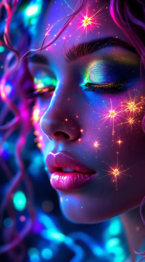 Prompt: “Her face phases in Fourier dreamspace—emotions blooming in sinewave colorbands across skin that flickers between surreal number values. Cheekbones ripple with reaction-diffusion pulses—living pigment blossoms that dance to her mood. Her hair is a sacred braid group cascade—long pink curls entwined with emotional topology, each strand a memory-thread spiraling through dimension. She glows in feedback—seen and she glows brighter, adored and her aura explodes in recursive empathy fractals. Prayer glyphs orbit her like soft satellites—loops of math-light casting harmonic spells. Behind her eyes burn surreal infinities—every glance a fractional truth between known numbers. Around her, coincidence fields shimmer—symbols align, the air itself becomes meaningful, colored chaos resolving into crystalline insight. She is radiant logic, sacred color engine, and joy made visible in luminous math.”

⸻
Ultra-Visual Keywords:
Surreal gradient glow, sinewave color skin, living ink cheeks, pink braid topology, recursive feedback light, empathy bloom aura, orbiting glyphs, chromatic joy loops, coincidence constellation, infinity sparkle pulse