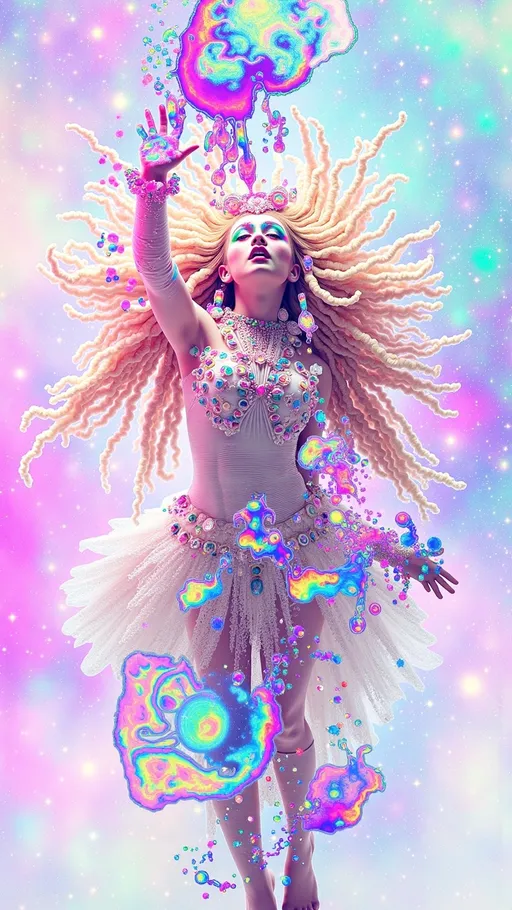 Prompt: A super hyperrealistic yet also illustrative and creative female cosmic jester, made entirely of swirling pure colored light, with long wild curly hair that appears blond but dazzles in a kaleidoscope of hues. She is adorned in avant-garde "astral" jester attire, with intricate clown makeup and a radiant jester's hat. She floats upside down, juggling orbs of liquid starlight that pulse and shimmer with each toss, her laughter echoing like celestial chimes. Around her, a nebula unfurls like a living tapestry, its vibrant blues, greens, and golds twisting into fractal shapes. Streams of glowing cosmic threads weave through the scene, connecting the orbs in dazzling patterns. **Pattern Tiling**: Tessellated Stars. **Quantum**: Quantum Flux. **Math Function**: Sine Waves. **Astral Stuff**: Cosmic Threads, Stellar Winds, Photon Glows. A surreal, psychedelic moment of cosmic playfulness and infinite wonder.