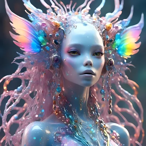 Prompt: <mymodel>beautiful female sentient rainbow entity with silver, opalescent, iridescent, bismuth crystals, rainbow oil slick sheen effect, white, translucent, bright pastel colors, lots of light, 