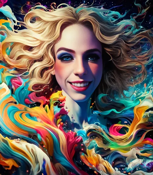 Prompt: Crashing psychedelic ocean-like breaking waves of fractals and multidimensional geometric shapes, psychedelic hallucination, woman with long blond curly hair, vibrant colors, high-contrast, surreal, abstract, 4k, vivid, surreal artstyle, vibrant tones, futuristic lighting, flowing hair