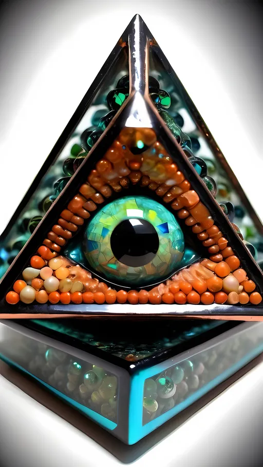 Prompt: an extremely hyper realistic ultra super textural weird trippy surreal psychedelic entity, Sierpinski tetrahedron, translucent, charcoal matte black, blown glass, iridescent finish, inlaid opal, glittering crystal accents, copper, patina, pyrite, quartz,, chrome, bright vivid greens, teals, oranges,  lots and lots of light, lots of crazy colorful compound psychedelic human eyes, rows of human teeth, human lips, tongues, fungus,  atoms, diatoms, diatomic, algae, bryozoans, Sierpinski tetrahedron, extreme high definition organic and mineral textures