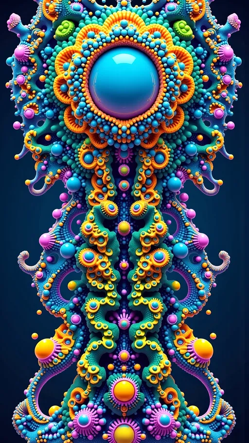 Prompt: Create an entity rooted in the **Mandelbrot Set**, with fractal boundaries spiraling into bulbous shapes around a central point. Overlay this with a **Voronoi Tiling** pattern, dividing its surface into organic, cell-like regions. Adorn its body with crystalline features inspired by **Tanzanite** and **Chrysoprase** for a vibrant contrast of deep blue-violet and apple-green hues.

Incorporate **Acanthostaurus**-like details from Radiolarians, adding spiny, lattice-like complexity. Visualize **Quantum Strings** as shimmering loops across its surface, suggesting fundamental particles. Fill it with psychedelic human eyes arranged in a Voronoi pattern, creating a hypnotic effect. Line its mouth with rows of psychedelic teeth, each a fractal Mandelbrot Set replica.

Set this entity against a swirling cosmos of fractal patterns and Voronoi cells, with Tanzanite and Chrysoprase crystals floating amidst quantum strings. The scene pulsates with vibrant colors—from deep blues and violets to bright greens—creating a surreal, psychedelic atmosphere. This entity embodies a realm where fractal geometry, crystalline beauty, microscopic intricacy, and quantum phenomena converge into a stunning creation.