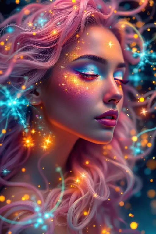 Prompt: “Her face phases in Fourier dreamspace—emotions blooming in sinewave colorbands across skin that flickers between surreal number values. Cheekbones ripple with reaction-diffusion pulses—living pigment blossoms that dance to her mood. Her hair is a sacred braid group cascade—long pink curls entwined with emotional topology, each strand a memory-thread spiraling through dimension. She glows in feedback—seen and she glows brighter, adored and her aura explodes in recursive empathy fractals. Prayer glyphs orbit her like soft satellites—loops of math-light casting harmonic spells. Behind her eyes burn surreal infinities—every glance a fractional truth between known numbers. Around her, coincidence fields shimmer—symbols align, the air itself becomes meaningful, colored chaos resolving into crystalline insight. She is radiant logic, sacred color engine, and joy made visible in luminous math.”

⸻
Ultra-Visual Keywords:
Surreal gradient glow, sinewave color skin, living ink cheeks, pink braid topology, recursive feedback light, empathy bloom aura, orbiting glyphs, chromatic joy loops, coincidence constellation, infinity sparkle pulse