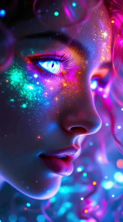 Prompt: Her face is a modular masterpiece—cheekbones traced with the shimmer of moonshine symmetry, every angle tuned to a hidden harmonic. Newton fractal veins glow faintly beneath translucent skin, shifting in color with each emotion. Her eyes burn with prime number fire, irises tiled in Penrose symmetry, blinking with curved light logic. Laughter echoes in Hilbert paths across her cheeks—space-filling joy spirals, soft and bright. Hair spills around her in radiant pink curls, styled by quasiperiodic forces and recursive wave equations—each strand flowing in luminous fractal tension. Geometry pulses at the hairline, recursive symbols glinting in neon mathdust. She is wrapped in hyperbolic aura-rings, layered in color-feedback like living topology, her presence refracting sacred math through joy, emotion, and colorfields.”

⸻

Visual Keywords:
Modular face symmetry, Newton glow skin, Penrose-tiled irises, Hilbert smile trails, pink recursive curls, fractal symbol halo, hyperbolic color aura, neon mathdust, prime fire eyes