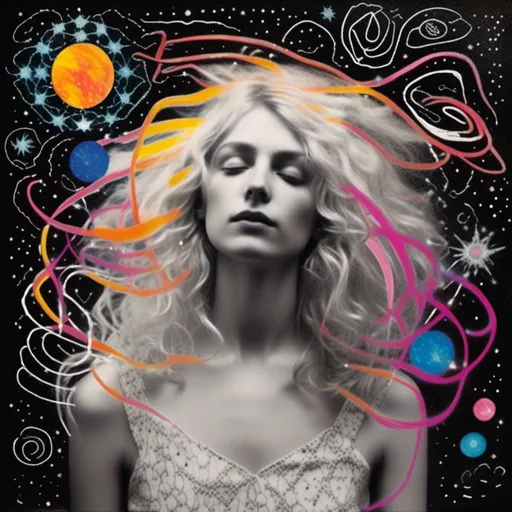 Prompt: <mymodel>Mixed media collage of an astral entity in the astral realms in outer space but also another beautiful glowing dimension of radiance
And love and light. She has long blond curly hair and appears as a photograph, maybe black and white or halftone, while the mixed media colors and sparkles and sacred geometries of the astral dimension swirls around her and out of her in the form of paint, foils, glitter, sparkles, rainbows, auras, sequins, enamels, rhinestones, thread, broken glass, etc