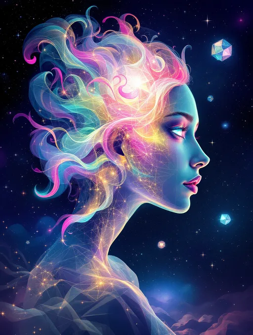 Prompt: A La Planète Sauvage–style illustration of Merry and Derek in their pre-incarnate forms—no flesh, only pure geometry, fractals, and light. She is a radiant female entity formed from layered Mandelbrot spirals, blooming superformula curls, and nested translucent polyhedra. Her wild pink hair becomes plasma filaments arcing in golden-ratio helices, every strand etched with glowing math. Her body pulses with rainbow geometry—opalescent pinks, mint, lemon gold, lavender—flowing like emotion made visible.

He is her male counterpart, constructed of harmonic order: Derek appears as a lean lattice of magnetic symmetry—black-silver tessellations, Klein bottle musculature, and folded moiré fields. His bright cobalt eyes are vortex-like emitters of silent resonance, stabilizing the fractal storm she stirs. His form is angular, controlled, vibrating with structured calm.

They drift through the astral dimension of geometry: no ground, no sky—just glowing manifolds, orbiting tesseracts, and endless glyphs. Between them rotates a living rhombic dodecahedron—its faces open and fold, revealing memory encoded in light. They don’t speak—they transmit, ripple, orbit.

The space is saturated with probability fog, spectral logic, and sacred color math: glitched symmetry folds, Penrose tilings, tensor fields. Vast math-creatures drift through—wings made of fractal membranes, bodies formed from shifting constants.

Merry and Derek move as waveform and anchor, light and structure—resonant opposites, dancing in sacred orbit before matter.

Style: Hand-drawn La Planète Sauvage surrealism. Analog texture + glowing holofractal geometry. Her: radiant rainbow math. Him: dark harmonic structure.