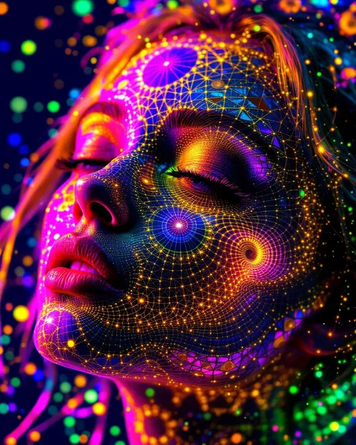 Prompt: Her face is pure geometry—no flesh, no form, only a living equation tessellated in rainbow-spectrum light. The base: a hyperbolic tiling in AdS space, infinite heptagons cascading inward across her cheeks, layered with escape gradients and geodesic spirals. Interlaced above that, a secondary Penrose tessellation flickers in iridescent aperiodicity—golden rhombs and kites glowing like mathematical jewelry across her brow.

But it doesn’t stop there. Across her cheeks and jaw, Turing patterns bloom—organic, fluid, algorithmic shimmer, as if chemical equations were painting her skin in stripes of living fractal light. Each wave, each dot, mapped to scalar intensity fields and lit from within by Fourier sparkle halos. Her smile is a nonlinear attractor. Her eyes are tessellated probability vortices. Her entire being flickers between dimensions.

Her hair, a luminous cascade of Hopf fibrations and quaternionic spirals, refracts the full visible spectrum through recursive curvature. She is modular, multiscalar, and mythic—a disco goddess of math-born radiance, whose face is the convergence point of every beautiful equation in the multiverse. Light is her language. Symmetry is her skin.

Tags:
#TilingQueen #TripleTessellation #TuringShimmer #HyperbolicDisco #PenroseFace #ScalarRainbowEntity #HopfHair #SpectralLightBeing #UltraMathifiedBeauty