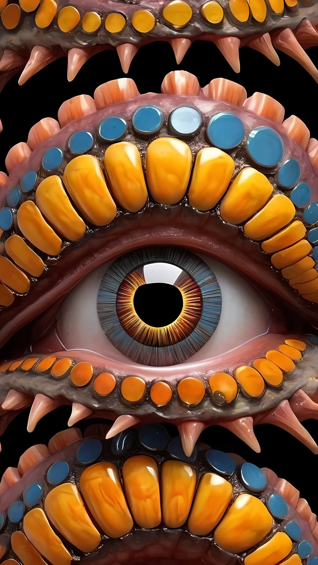 Prompt: Create an extremely hyper-realistic, ultra super textural, weird, trippy, surreal, psychedelic eyes/teeth/mouth pattern/design based on “Fibonacci Spirals” & “op art tiling” with lots of human eyes (crazy colorful compound psychedelic), rows of human teeth, human lips, and tongues. 

- **Colors**: determined by the natural properties and expressions of the elements (& their isotopes), raw rough minerals, and metals: Molybdenum (Mo), Sphalerite, Orpiment, obsidian, sulfur, Heliodor

**Shapes and forms**
- main form: “Fibonacci Spirals”
-other shapes determined by the natural properties and expressions of the elements (& their isotopes), raw rough minerals, metals, and biological organisms: Molybdenum (Mo), Sphalerite, Orpiment, obsidian, sulfur, Heliodor

- **Textures**: Derived from any/all elements (& their isotopes), minerals, metals, crystals, organic things mentioned in this prompt: “Fibonacci Spirals”, Molybdenum (Mo), Sphalerite, Orpiment, obsidian, sulfur, Heliodor

**Composition and Layout**:
- a pattern/design based on “Fibonacci Spirals”
-bilateral symmetry

**Lighting**
- lots and lots of bright shining reflective light


**Detail and Atmosphere**:
- Extreme hyperrealistic sharp high detail high definition organic and mineral textures
- Psychedelic, weird, odd, surreal atmosphere
- Frozen in time

**Additional Elements**:
- extra rows of teeth, lips, many eyes, “Fibonacci Spirals”, Aventurescence, Chatoyancy
