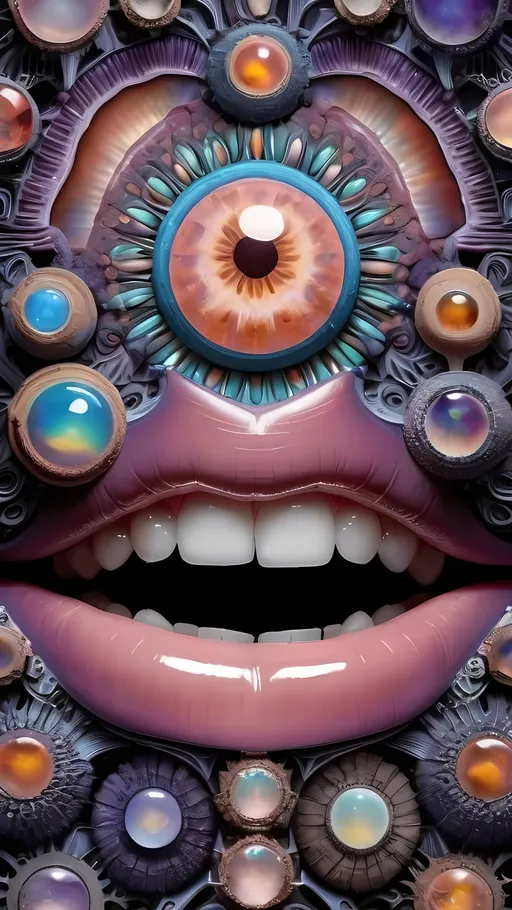 Prompt: Create an extremely hyper-realistic, ultra super textural, weird, trippy, surreal, psychedelic eyes/teeth/mouth pattern/design based on Mandelbrot & “Op Art tiling” with lots of human eyes (crazy colorful compound psychedelic), rows of human teeth, human lips, and tongues. 

- **Colors**: determined by the properties and expressions of the elements (& their isotopes), minerals, and metals: opal, moonstone, amethyst, rose quartz, Platinum (Pt)

**Shapes and forms**
- Mandelbrot 
- "Op Art tiling" 
-other shapes determined by the natural properties and expressions of the elements (& their isotopes), minerals, metals, and biological organisms: opal, moonstone, amethyst, rose quartz,  Platinum (Pt)


- **Textures**: Derived from any/all elements (& their isotopes), minerals, metals, crystals, organic things mentioned in this prompt: opal, moonstone, amethyst, rose quartz, Platinum (Pt)

**Composition and Layout**:
- a pattern/design based on the Op Art tiling & Mandelbrot 

**Lighting**:
- lots of bright light
- Iridescence

**Detail and Atmosphere**:
- Extreme hyperrealistic sharp high detail high definition organic and mineral textures
- Psychedelic, weird, odd, surreal atmosphere
- Frozen in time

**Additional Elements**:
- extra rows of teeth, lips, many eyes, Op Art tiling, Mandelbrot, Iridescence
