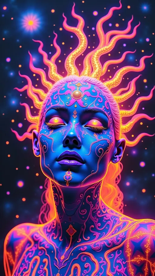 Prompt: A beautiful female psychedelic astral entity emerging from the quantum sea of superposition, her form shifting like a living rhombic dodecahedron — crystalline, sacred, and multidimensional. Her body is a fractal tapestry of Penrose tiling and hyperbolic geometry, with skin like black opal laced with glittering antimatter veins. Her eyes are spinning vortexes of entangled waveforms and jewel-toned strange attractors. Hair cascades in Möbius strip ribbons that refract iridescent light like a diffraction halo. Her aura pulses in her soul-spectrum: deep black, magenta, ultraviolet teal, chromatic gold, and glittering spectral white. Her presence distorts space, sending out mushroom-like ripple glows of McKenna-esque language fractals and glitch-stained Mandelbrot spirals. Patterns move across her like cellular automata dancing across a lattice of bismuth crystal logic. She stands against a galactic backdrop of tessellated starfields and tiling hexagonal auroras — a cosmic emissary encoded with the logic of the Mushroom. Ultra 34k hyperrealistic rendering, surreal alien elegance, dreamlike terror-beauty, unsettling harmony, fractal femininity in bloom.”