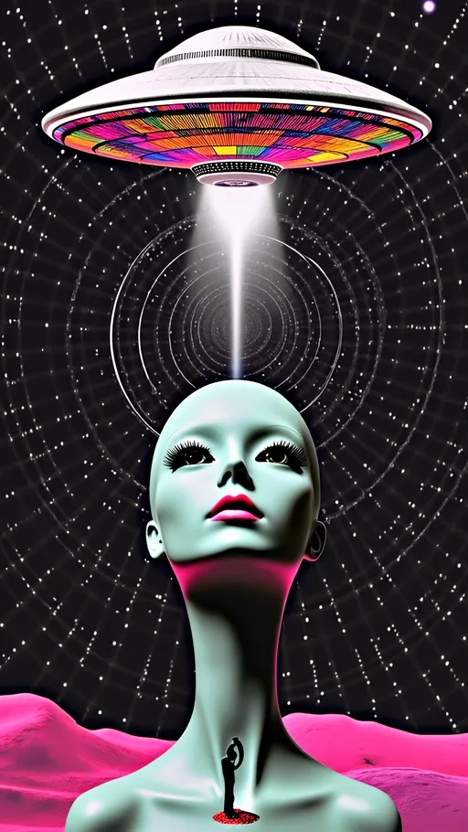 Prompt: Create a hyperrealistic yet illustrative close-up of an alien girl's face and the text phrase “TAKE ME HOME” - Her head is conical-shaped and bald, with large almond-shaped eyes that reflect a mesmerizing array of colored lights. She gazes up at a massive UFO hovering above, its metallic silver surface shimmering with holographic hues. The UFO is adorned with intricate alien designs, showcasing fine, delicate patterns that suggest advanced technology. A ray of light beams down from the UFO, casting a soft glow on her features. The scene is filled with ultra-fine details, blending realism with artistic creativity, capturing an otherworldly beauty.