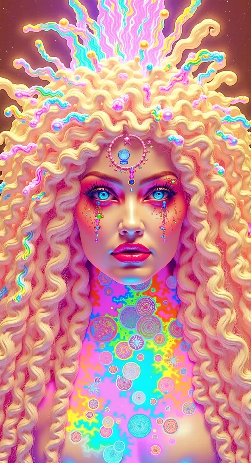 Prompt: A super hyperrealistic yet also illustrative and creative female cosmic jester, made entirely of swirling pure colored light, with long wild curly hair that appears blond but is a dazzling spectrum of hues. She is adorned in beautiful avant-garde "astral" jester's attire, complete with intricate clown makeup and a definitive jester's hat. Her ensemble includes exquisite accoutrements that enhance her ethereal presence. She sparkles, shines, and dazzles in a mesmerizing swirl of ever-changing colors, embodying the essence of cosmic whimsy and wonder.

In a setting of floating isles adrift in a sea of swirling mist, the cosmic jester is playfully orchestrating a dance of cosmic spirals. These intricate patterns of light and energy twist and turn through the sky, resembling spiral galaxies in miniature. As she moves, the spirals respond to her gestures, creating a symphony of color and light that dazzles the astral realm. Her performance is accompanied by the gentle hum of quantum strings, vibrating at specific frequencies to form a harmonious backdrop. The scene is further enhanced by the presence of Voronoi tiling patterns on the ground, resembling cellular structures that mirror the organic beauty of her dance. In this surreal landscape, the jester embodies the playful spirit of the cosmos, weaving a tapestry of light and wonder that captivates all who witness it.