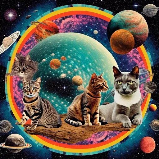 Prompt: a psychedelic collage with a vintage 70s sci-fi animation feel to it except the subject matter will be CATS IN SPACE! The collage will have elements of photography, illustration, trippy patterns and optical illusions, alien landscapes, strange trippy planets, UFOs,, meteors, all cut and spliced together in a psychedelic collage style <mymodel>