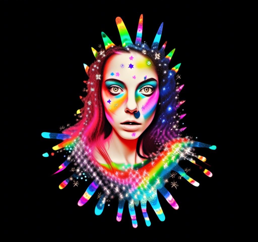 Prompt: a photograph (black and white or halftone) of a woman with multimedia colorful galaxies and stars in her wide eyes who is vomiting pure rainbows and stardust sparkles. She wretches as a beautiful spectrum of colorful light and sparklies made of paint, enamel, glitter, foils, pearl dust, rhinestones, metal, beads, marker, etc spills from her open mouth with force lighting up the room<mymodel>
