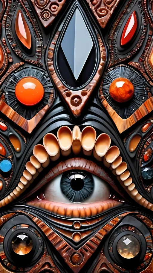 Prompt: Create an extremely hyper-realistic, ultra super textural, weird, trippy, surreal, psychedelic eyes/teeth/mouth pattern/design based on the “labyrinth fractal” & “op art tiling” with lots of human eyes (crazy colorful compound psychedelic), rows of human teeth, human lips, and tongues. 

- **Colors**: determined by the natural properties and expressions of the elements (& their isotopes), raw rough minerals, and metals:
- hematite
- obsidian 
- Fire Opal
- rough Diamond
- Schorl
- Marcasite

**Shapes and forms**
- main form: “labyrinth fractal”
-other shapes determined by the natural properties and expressions of the elements (& their isotopes), raw rough minerals, metals, and biological organisms: 
- hematite
- obsidian 
- Fire Opal
- rough Diamond
- Schorl
- Marcasite

- **Textures**: Derived from any/all elements (& their isotopes), minerals, metals, crystals, organic things mentioned in this prompt: 
- “labyrinth fractal”
- hematite
- obsidian 
- Fire Opal
- rough Diamond
- Schorl
- Marcasite

**Composition and Layout**:
- a pattern/design based on “labyrinth fractal”

**Lighting**
- lots and lots of bright shining reflective light
- opalescence

**Detail and Atmosphere**:
- Extreme hyperrealistic sharp high detail high definition organic and mineral textures
- Psychedelic, weird, odd, surreal atmosphere
- Frozen in time

**Additional Elements**:
- extra rows of teeth, lips, many eyes, “labrynth fractal”
